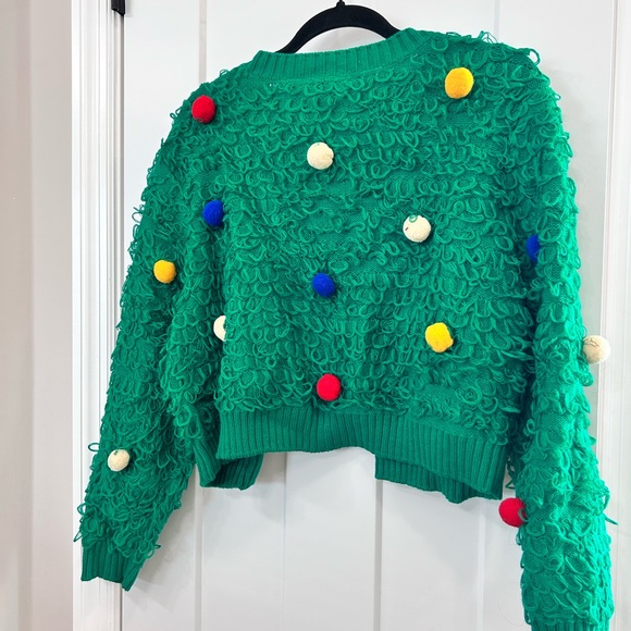 Ugly Christmas Sweater Mighty Fine Green Cardigan with Colorful Pom-Poms - Picture 2 of 4
